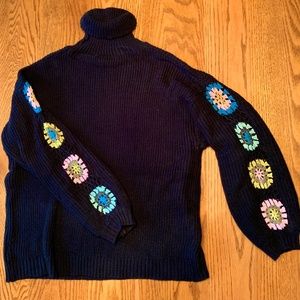 Turtle neck, black sweater w/granny square, crochet detail on sleeves, L, New